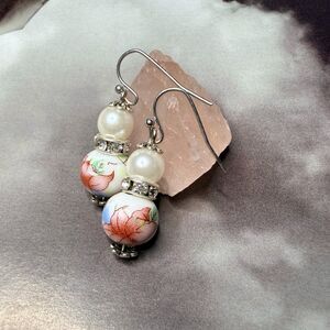 Red Lily FloraFaux Pearl Drops Dangle Earrings